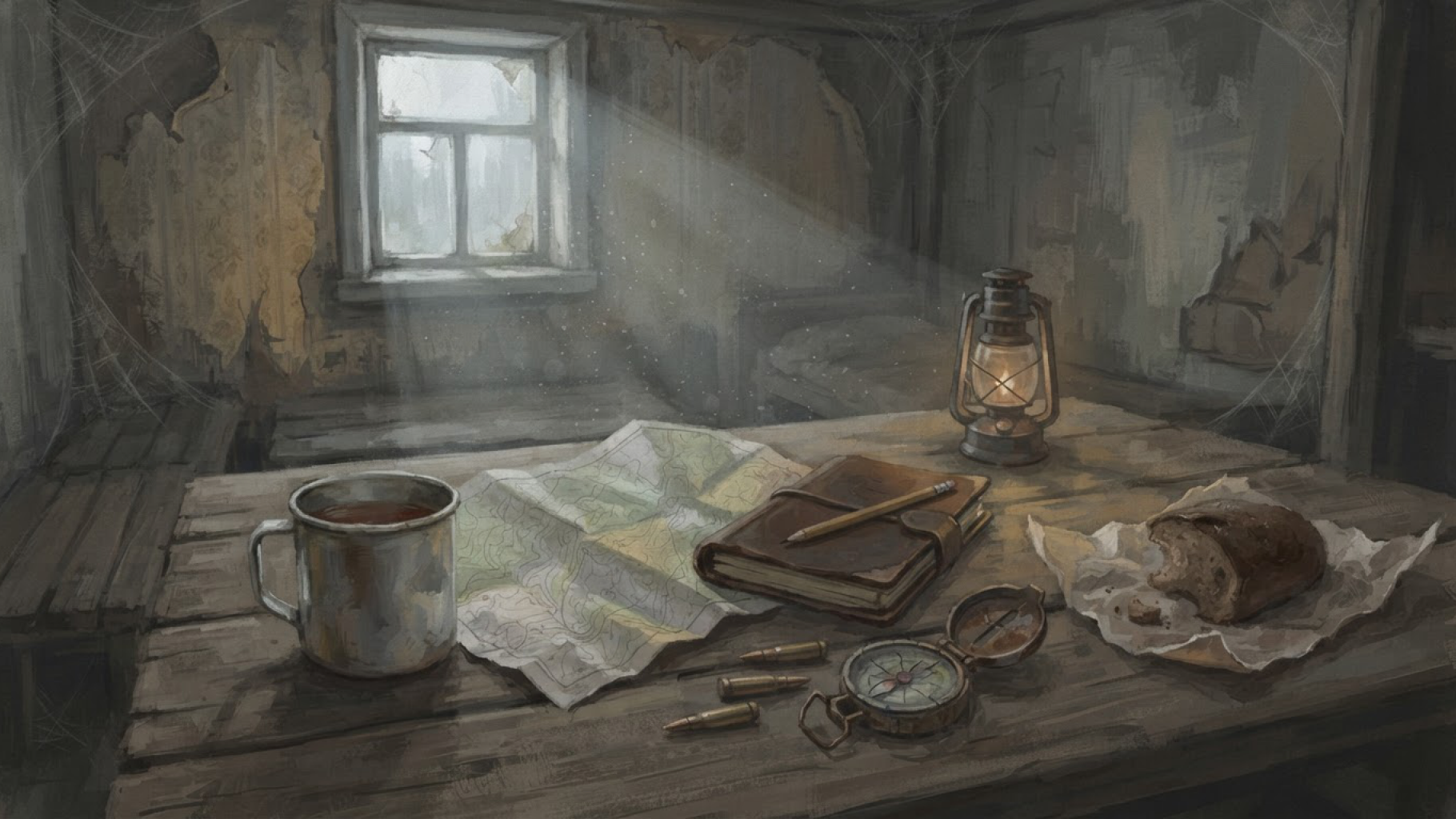 Стол с лампой, картами и дневником курьера